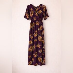 Everly Floral Midi Dress Purple Boho Wrap Style Flutter Sleeve